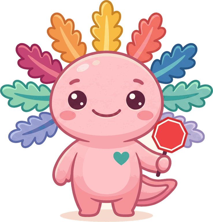 Ezzie, the AllergyEZ mascot: a pink axolotl with rainbow gill plumes holding a small stop sign.