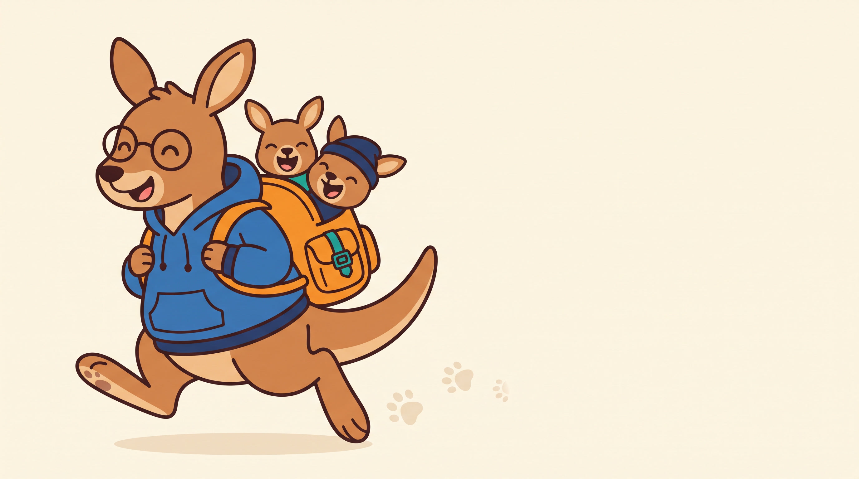 The HopHop mascot: a kangaroo parent in glasses and a blue hoodie, mid-hop, carrying one joey in an orange backpack and another in the pouch, paw prints trailing behind.