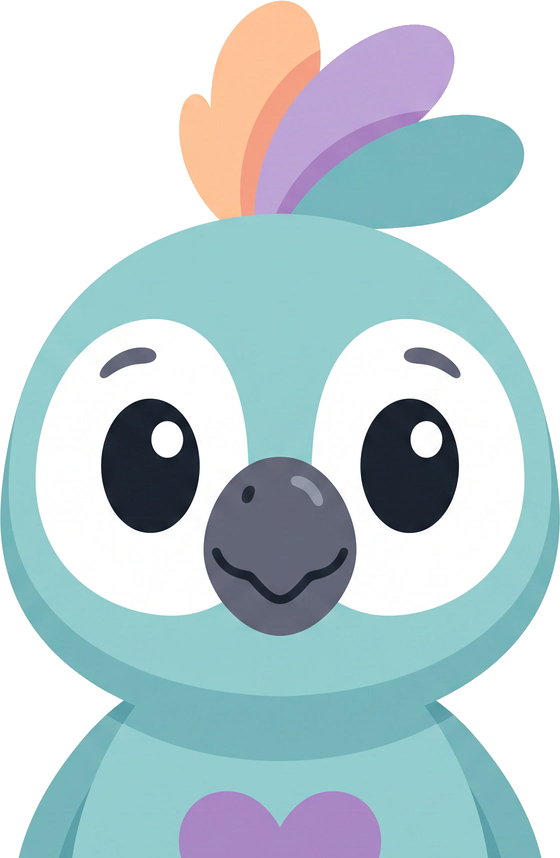 Koko, the Koko Says mascot: a teal parrot with a lavender heart on its chest.
